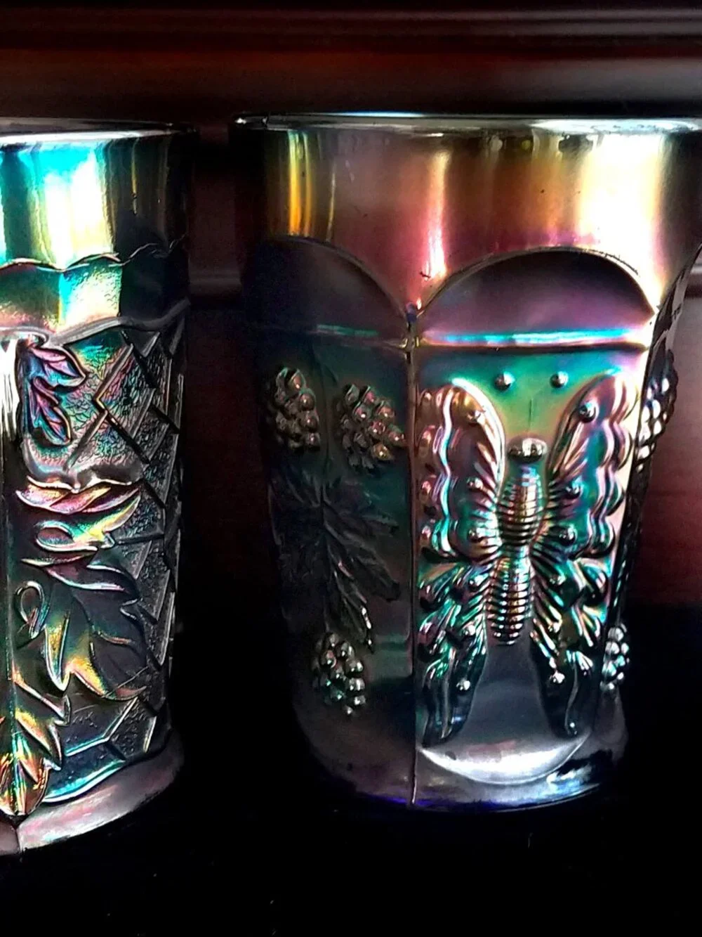 Collection of 3 Antique Dugan & Fenton Amethyst Cobalt Carnival Glass Tumblers
